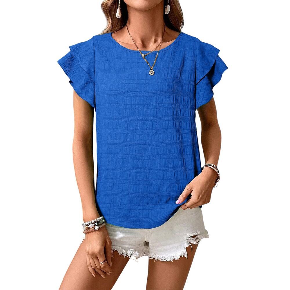 Dark Blue Textured Ruffled Short Sleeve Round Neck Top New S, M. L, XL